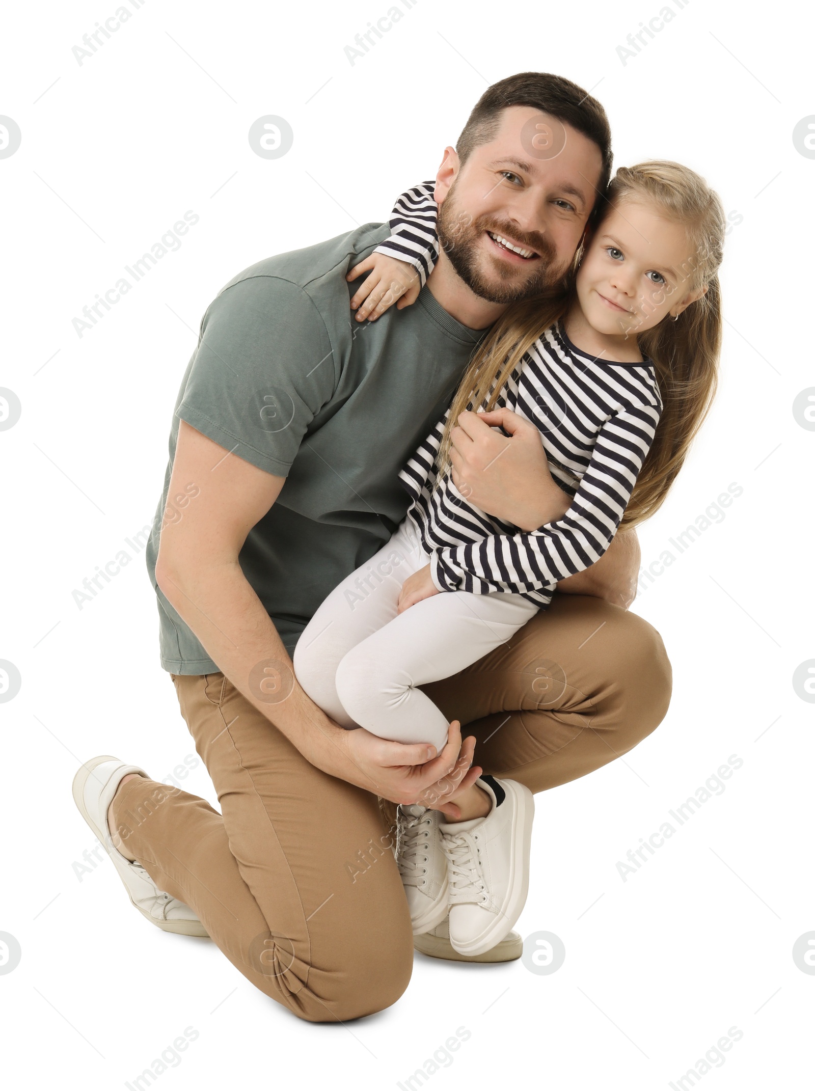 Photo of Happy father and his cute little daughter on white background