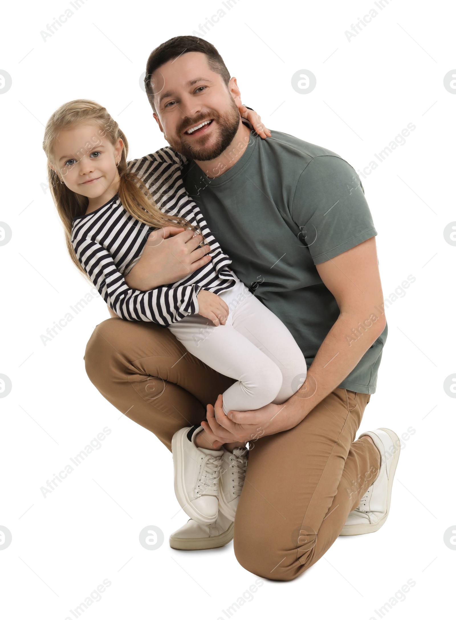 Photo of Happy father and his cute little daughter on white background