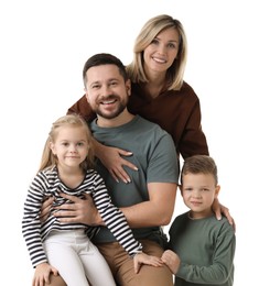 Happy parents and their children on white background