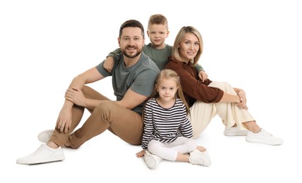 Photo of Happy parents and their children on white background