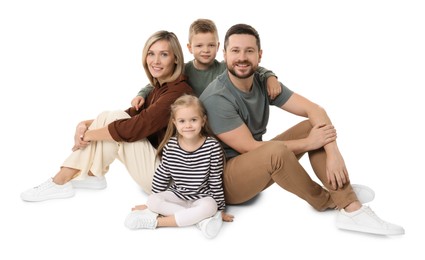 Happy parents and their children on white background