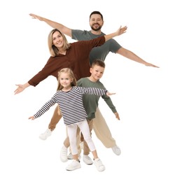 Happy parents and their children on white background