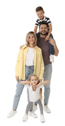 Happy parents and their children on white background