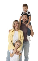 Happy parents and their children on white background