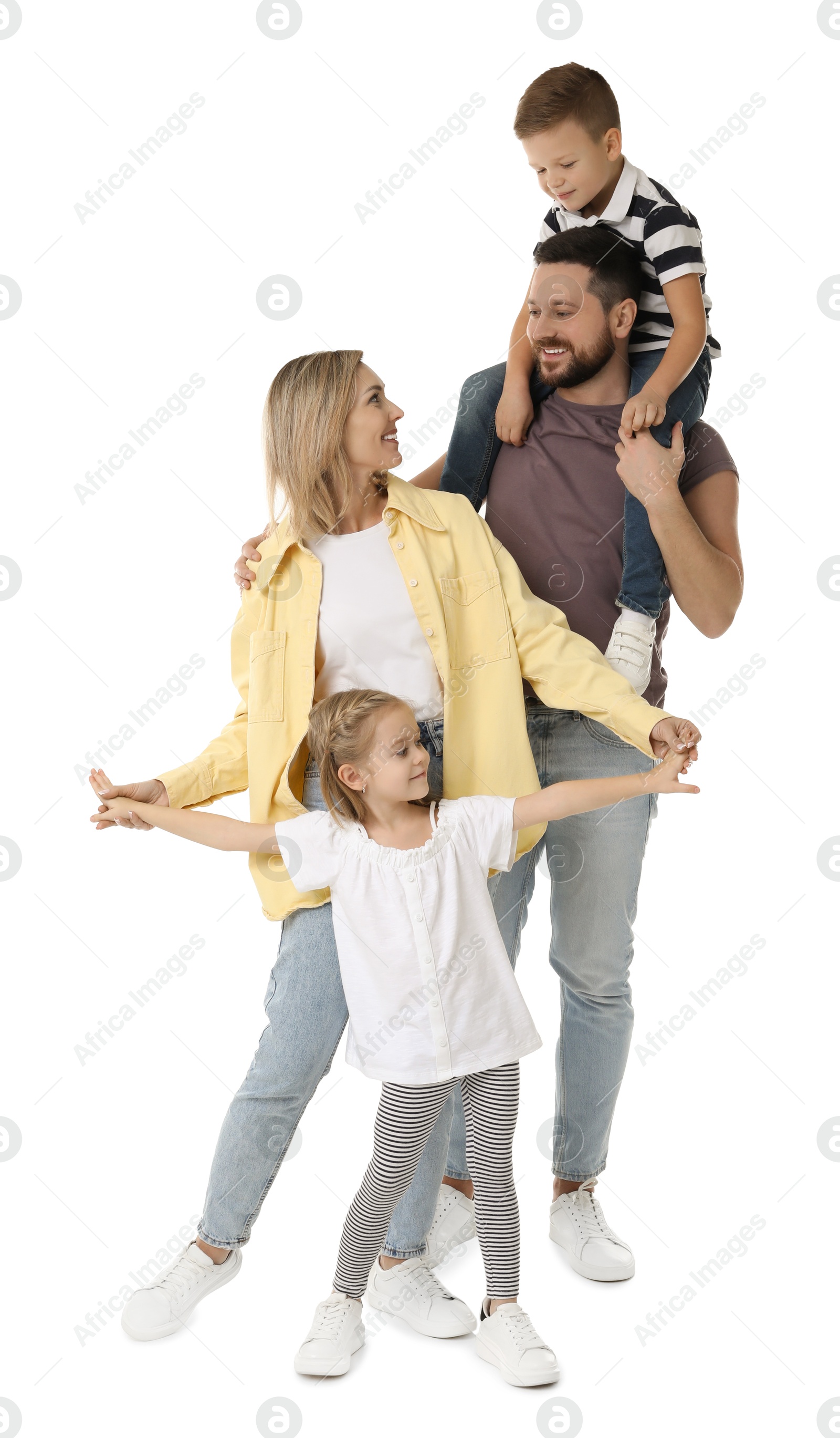 Photo of Happy parents and their children on white background