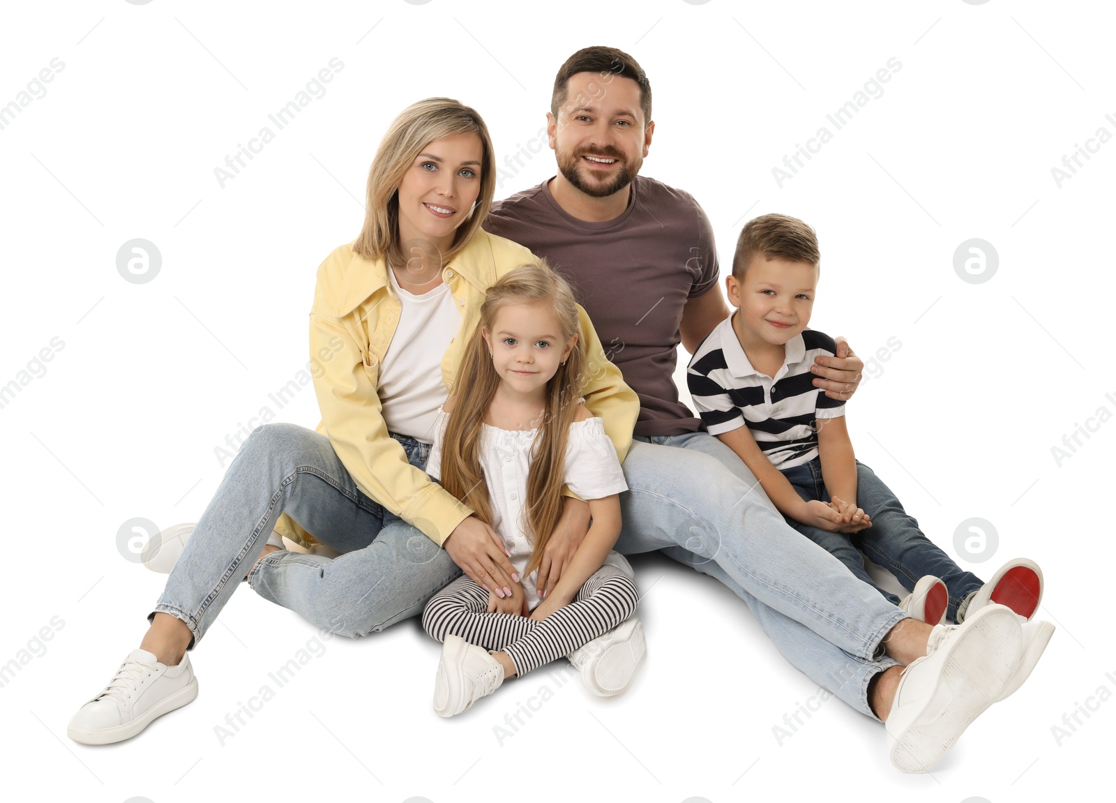 Photo of Happy parents and their children on white background