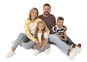 Photo of Happy parents and their children on white background