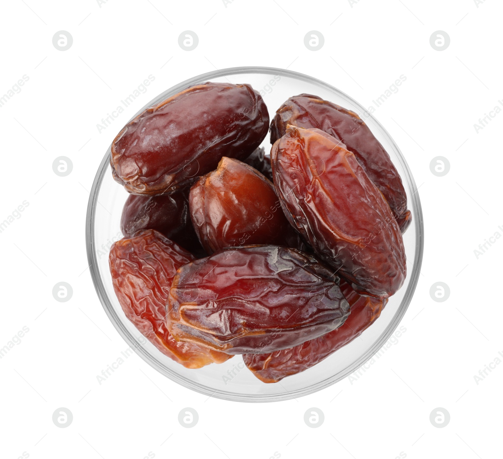 Photo of Tasty dried dates in bowl isolated on white, top view