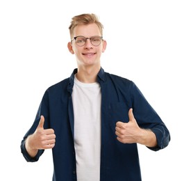 Photo of Happy man showing thumbs up on white background. Like gesture