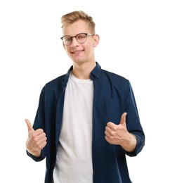 Happy man showing thumbs up on white background. Like gesture