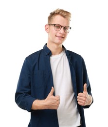 Photo of Happy man showing thumbs up on white background. Like gesture