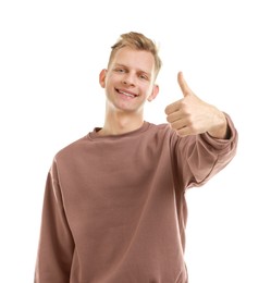 Photo of Happy man showing thumbs up on white background. Like gesture