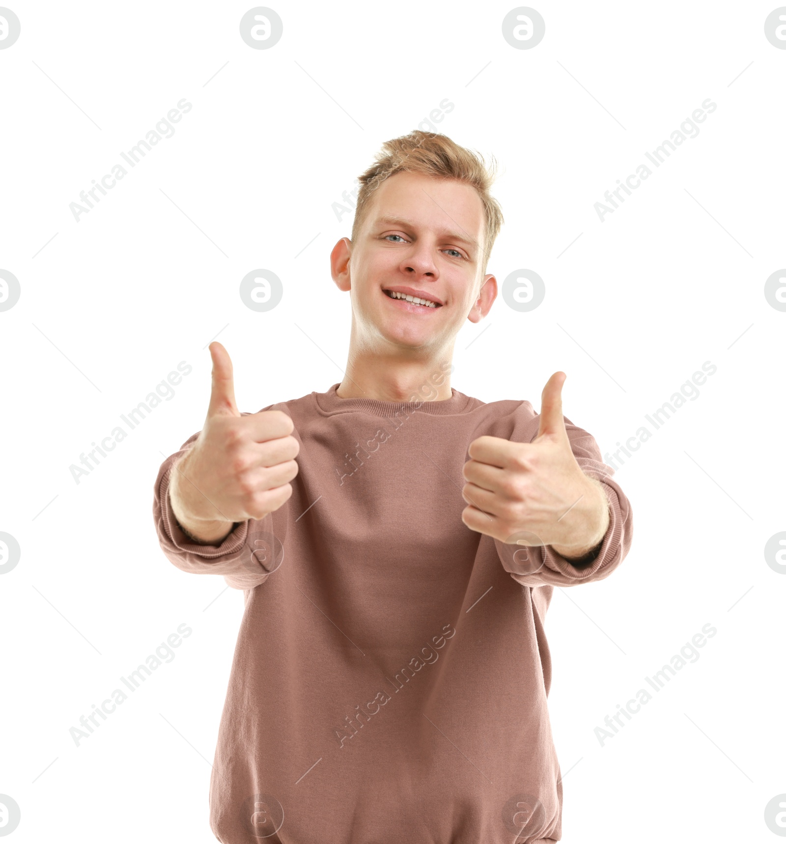 Photo of Happy man showing thumbs up on white background. Like gesture