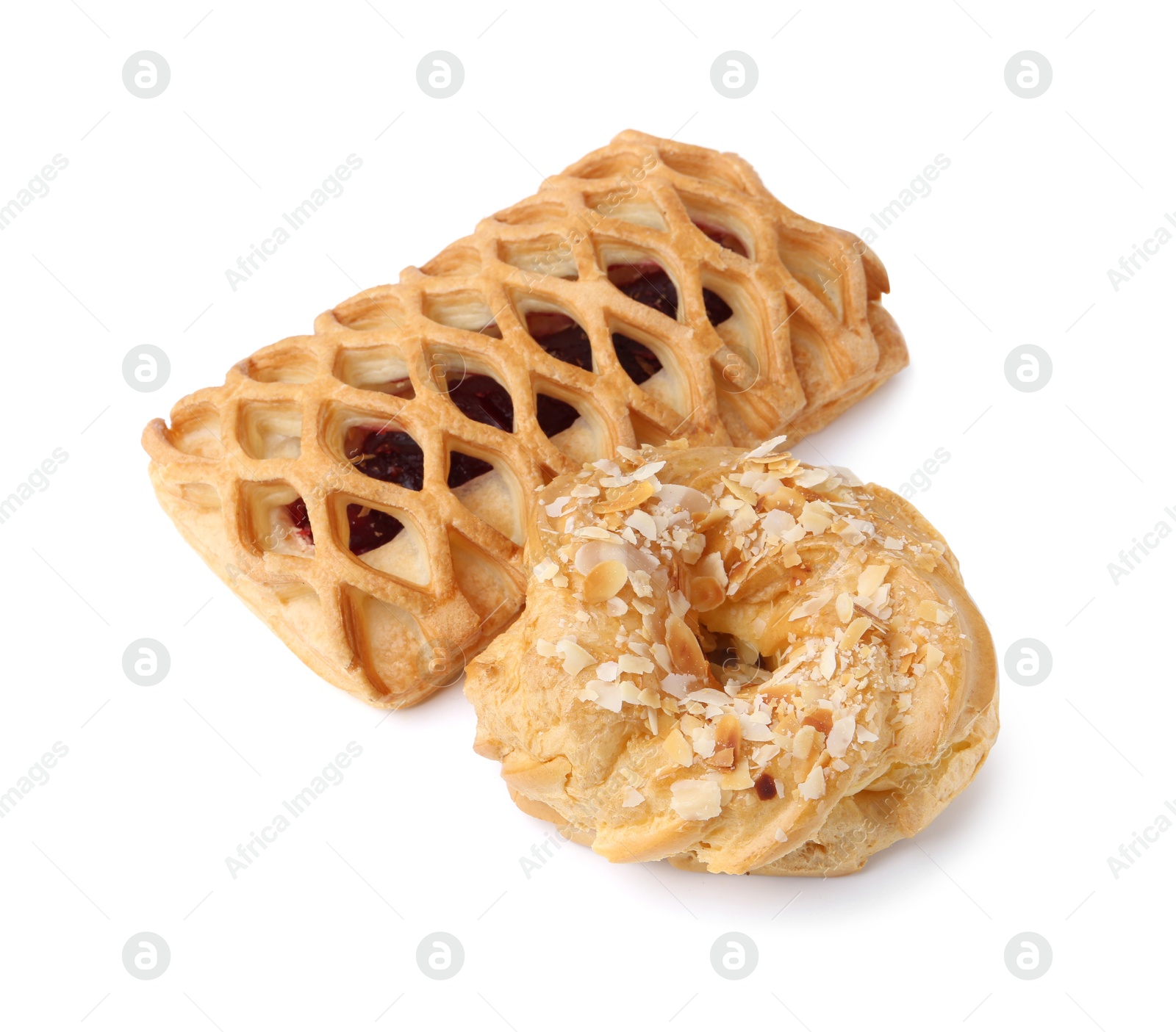 Photo of Different delicious sweet pastries isolated on white