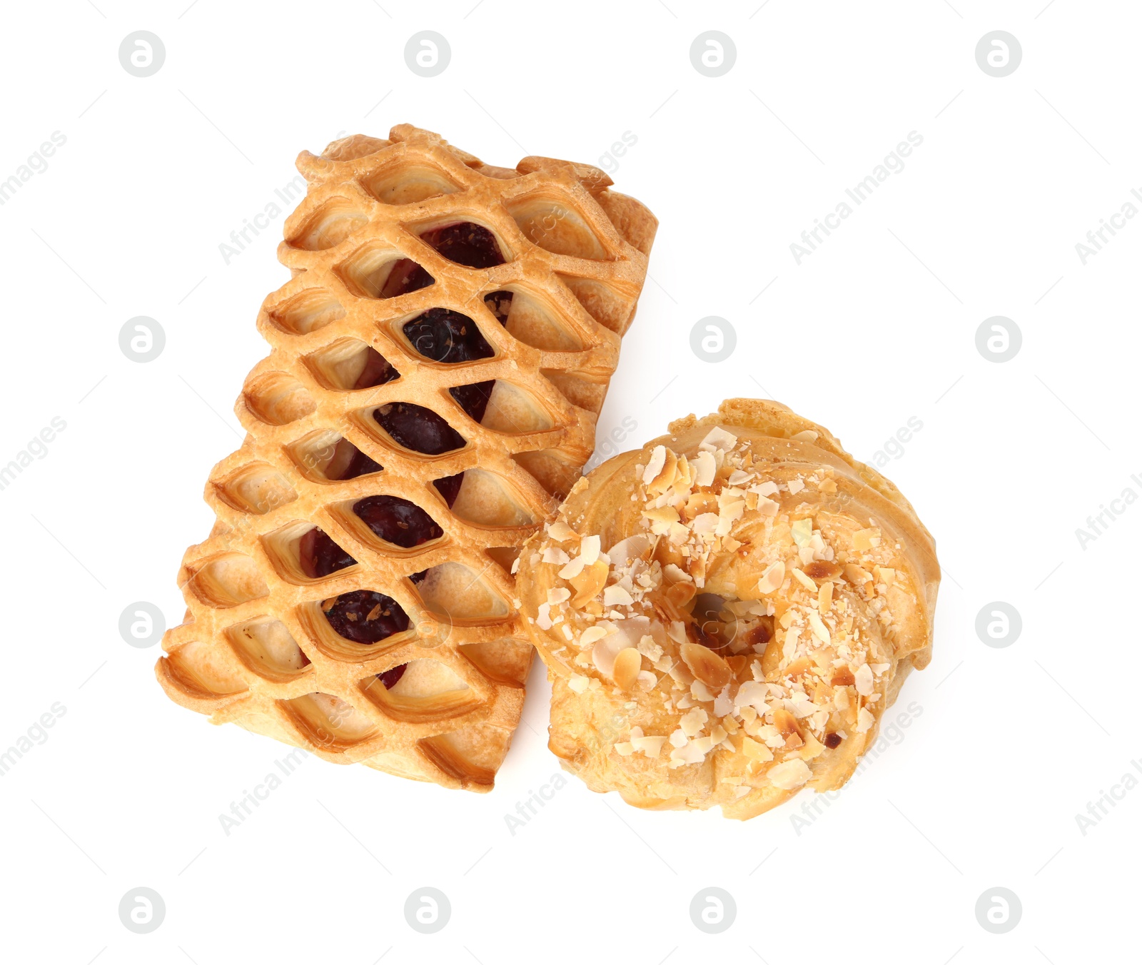 Photo of Different delicious sweet pastries isolated on white, top view