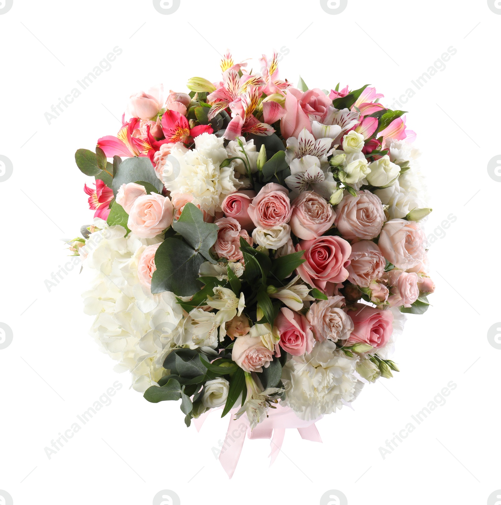 Photo of Bouquet of beautiful flowers isolated on white, top view