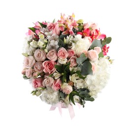 Photo of Bouquet of beautiful flowers isolated on white, top view