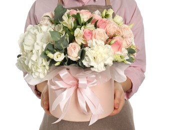 Photo of Florist with beautiful bouquet in box on white background, closeup