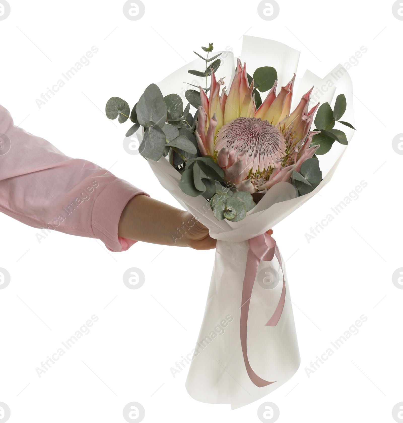 Photo of Woman with beautiful bouquet on white background, closeup