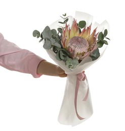 Photo of Woman with beautiful bouquet on white background, closeup