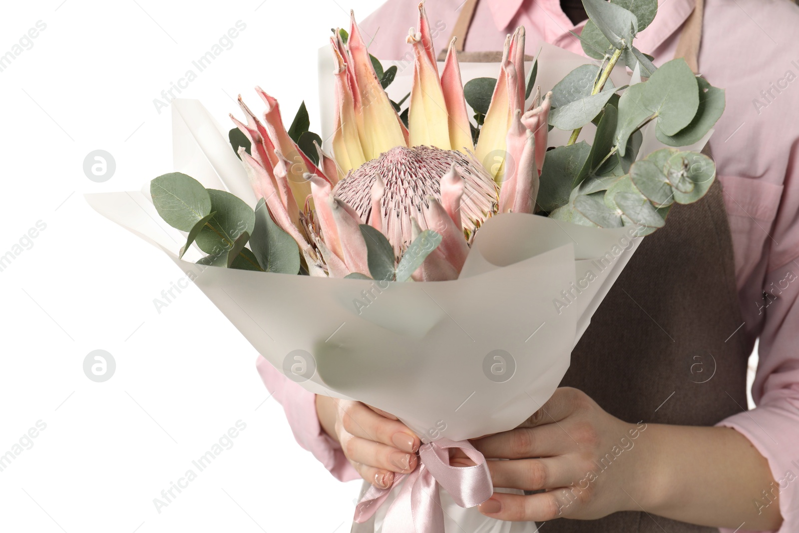 Photo of Florist with beautiful bouquet on white background, closeup