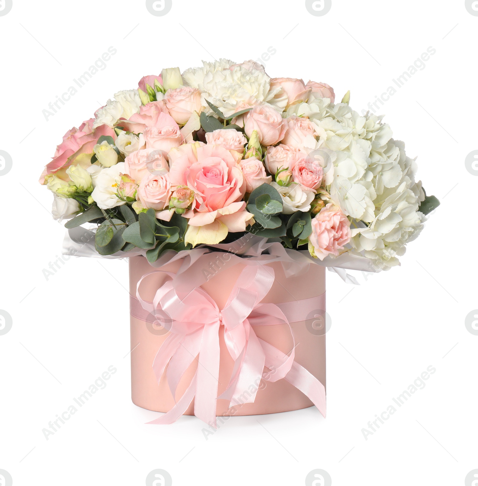 Photo of Bouquet of beautiful flowers in box isolated on white