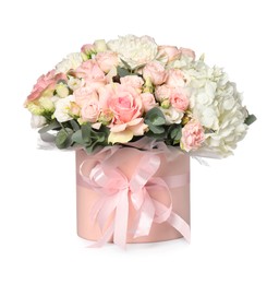 Photo of Bouquet of beautiful flowers in box isolated on white