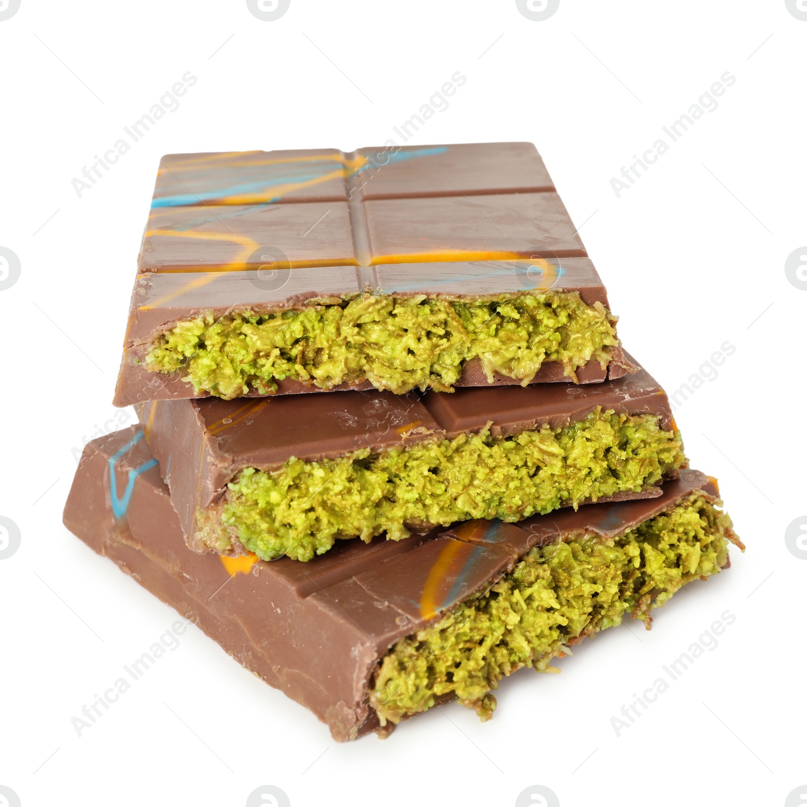 Photo of Pieces of Dubai chocolate bars with pistachio and knafeh isolated on white