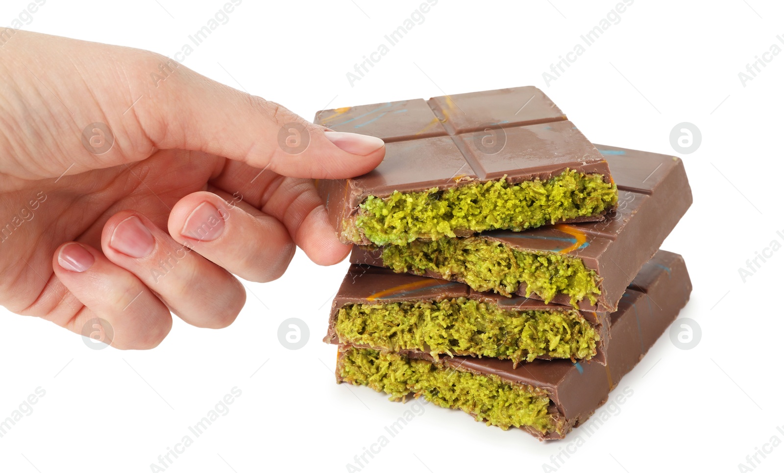 Photo of Woman with pieces of Dubai chocolate on white background, closeup