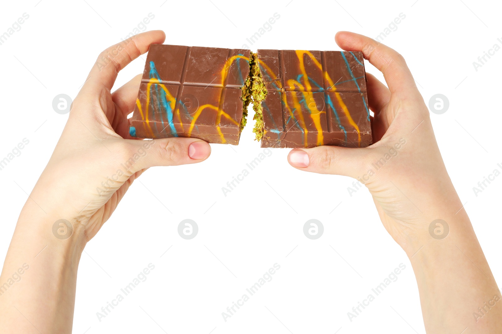 Photo of Woman breaking Dubai chocolate bar on white background, closeup