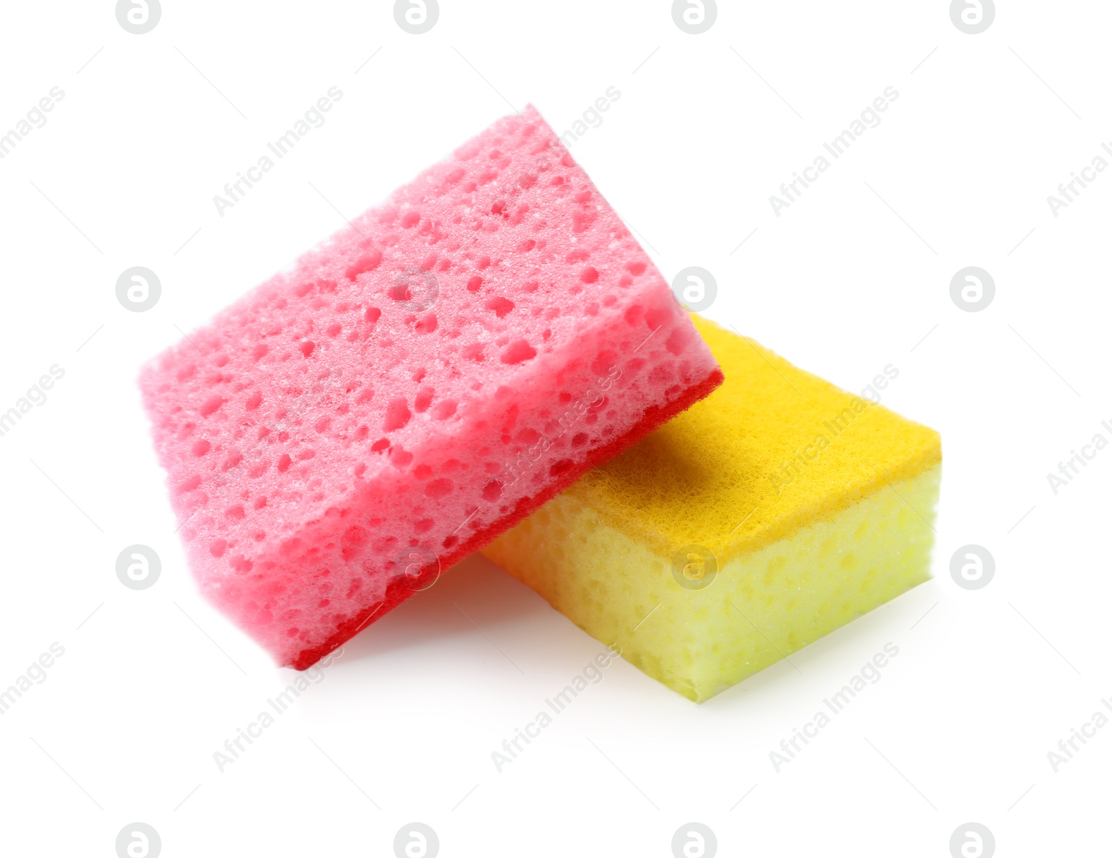 Photo of Colorful sponges isolated on white. Cleaning tools