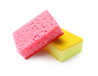 Photo of Colorful sponges isolated on white. Cleaning tools