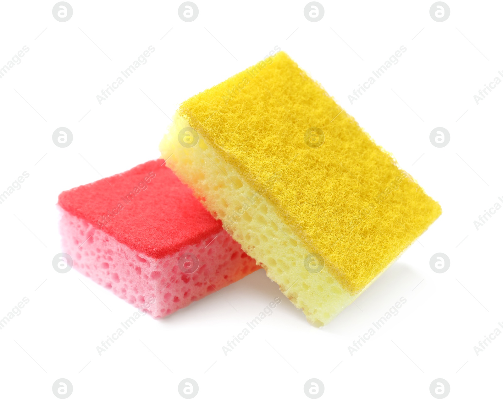 Photo of Colorful sponges isolated on white. Cleaning tools