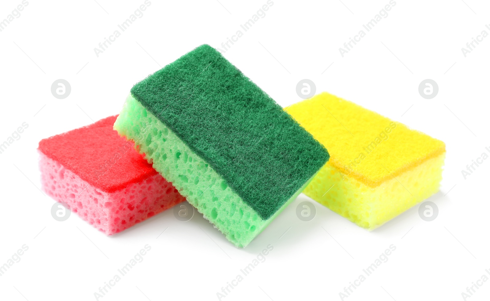 Photo of Colorful sponges isolated on white. Cleaning tools