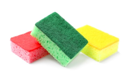 Photo of Colorful sponges isolated on white. Cleaning tools