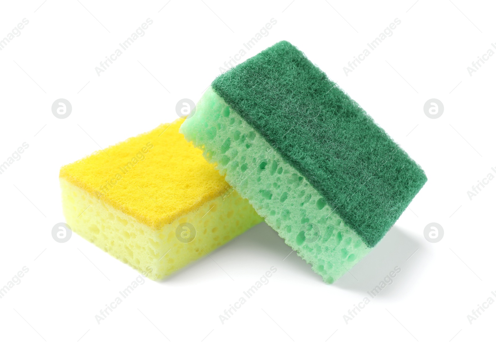 Photo of Colorful sponges isolated on white. Cleaning tools