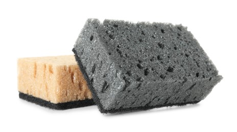 Photo of Two soft sponges isolated on white. Cleaning supply