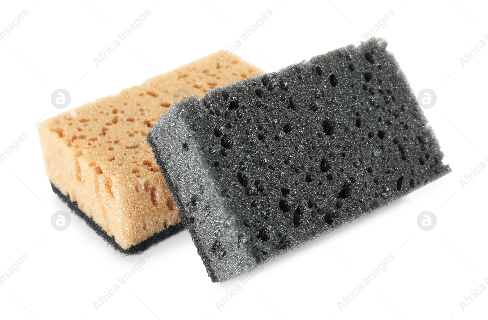 Photo of Two soft sponges isolated on white. Cleaning supply