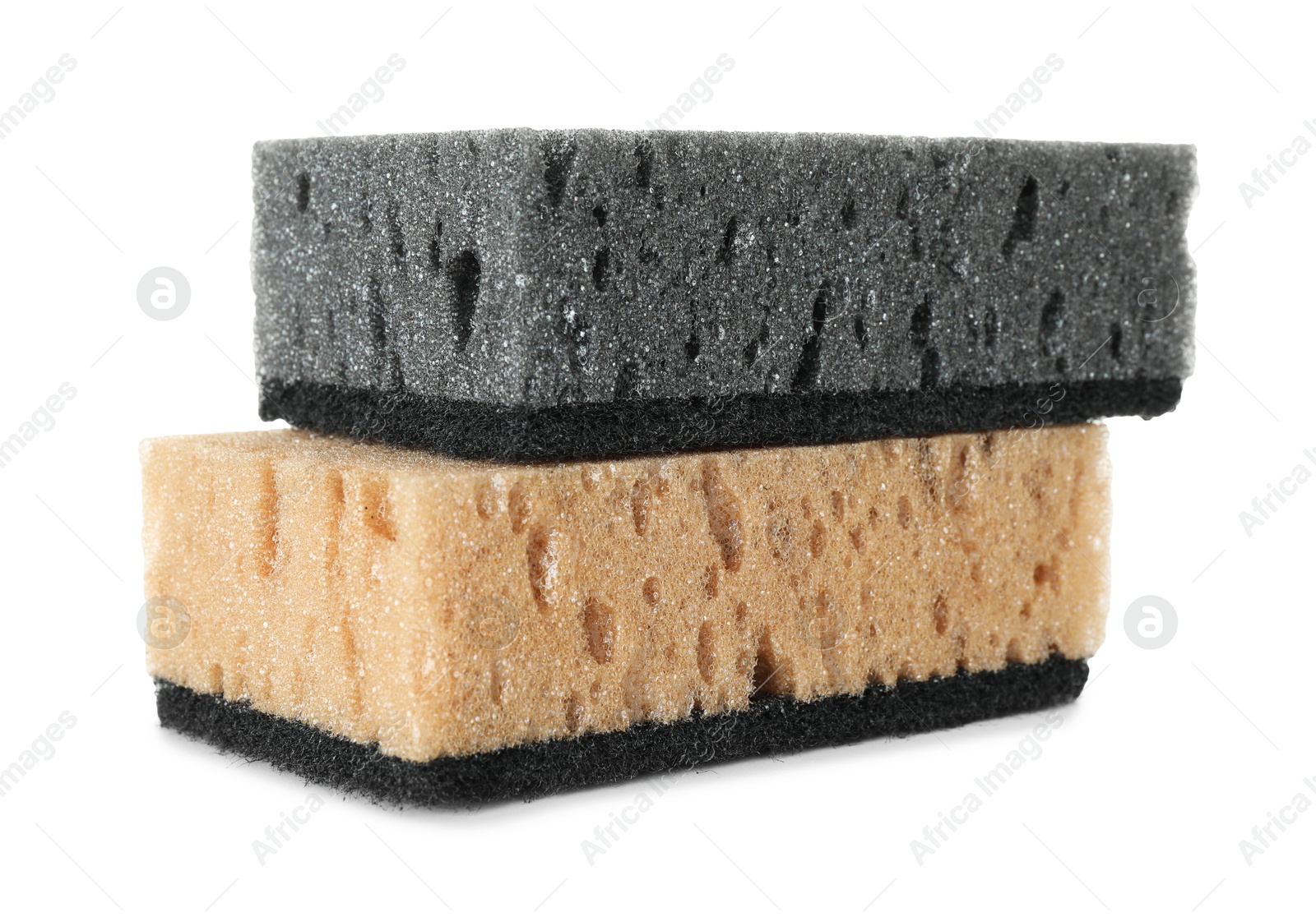 Photo of Two soft sponges isolated on white. Cleaning supply