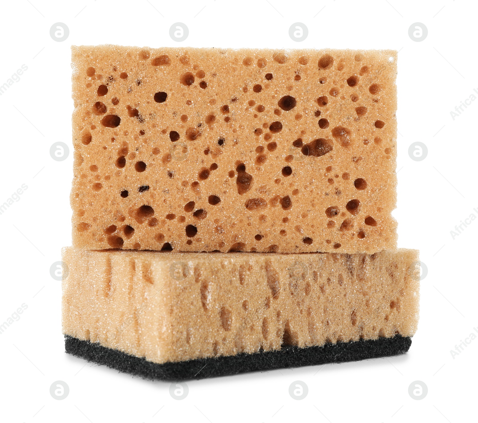 Photo of Two soft sponges isolated on white. Cleaning supply