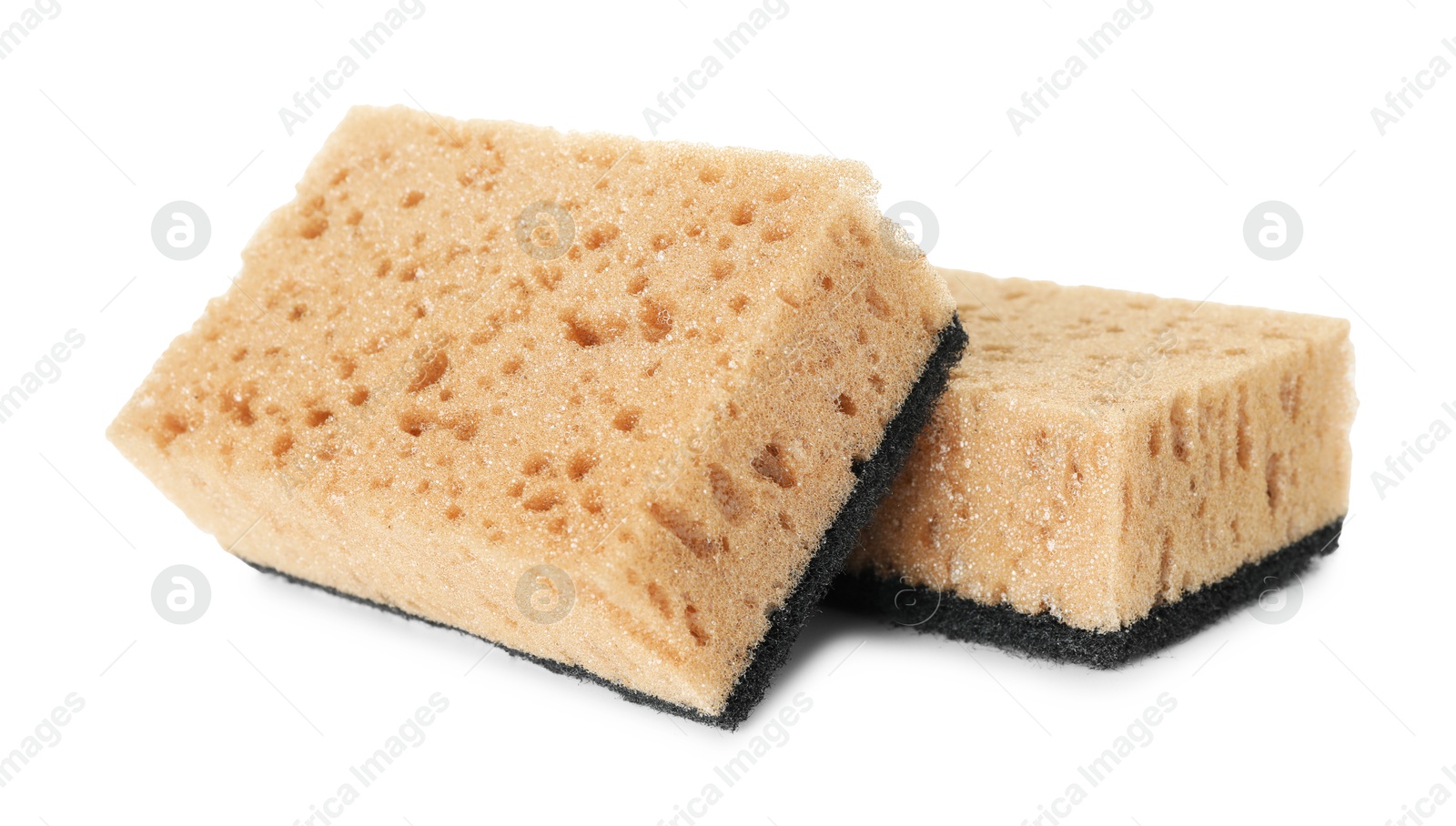 Photo of Two soft sponges isolated on white. Cleaning supply