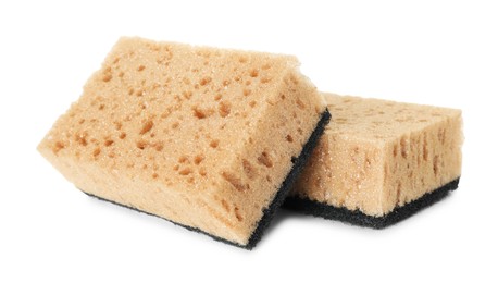 Photo of Two soft sponges isolated on white. Cleaning supply