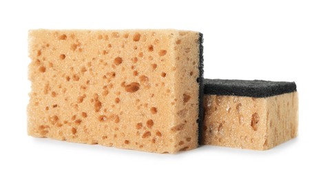 Photo of Two soft sponges isolated on white. Cleaning supply