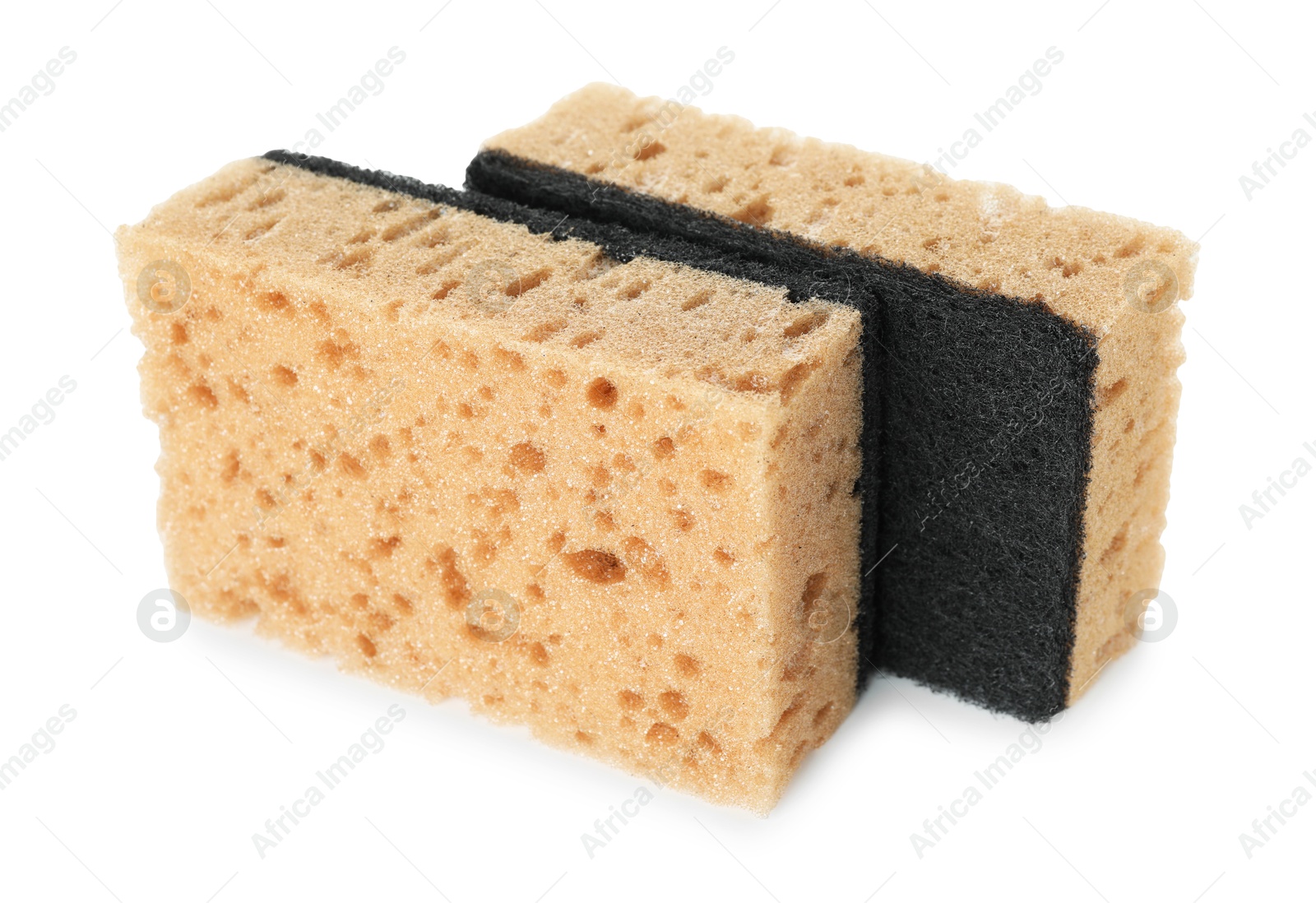 Photo of Two soft sponges isolated on white. Cleaning supply