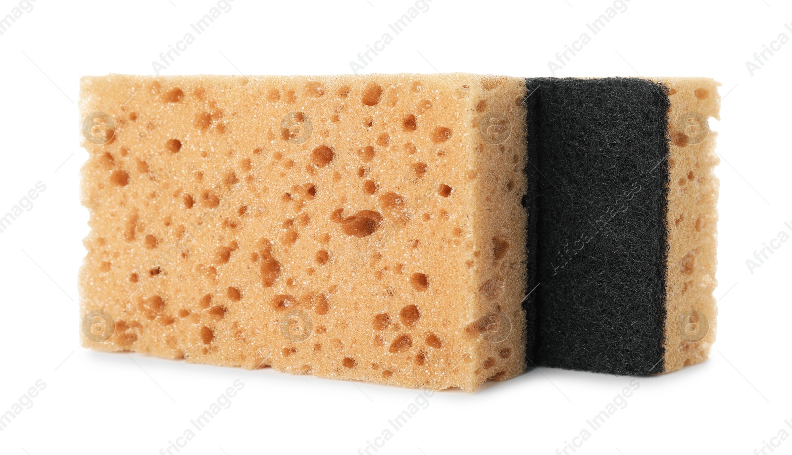 Photo of Two soft sponges isolated on white. Cleaning supply