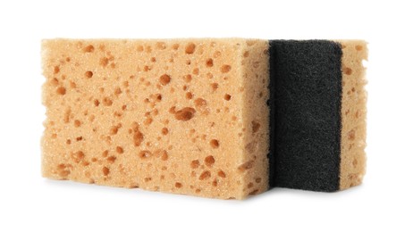 Photo of Two soft sponges isolated on white. Cleaning supply