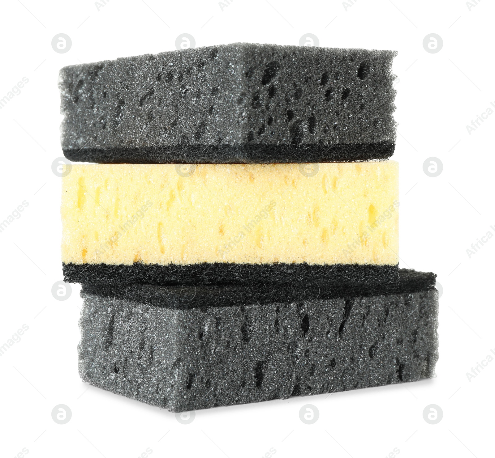 Photo of Different sponges isolated on white. Cleaning supply