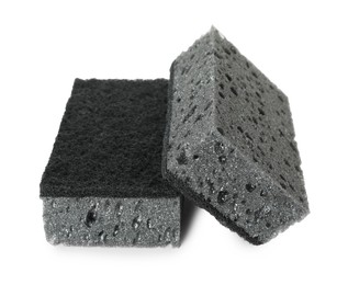 Photo of Two grey sponges isolated on white. Cleaning supply