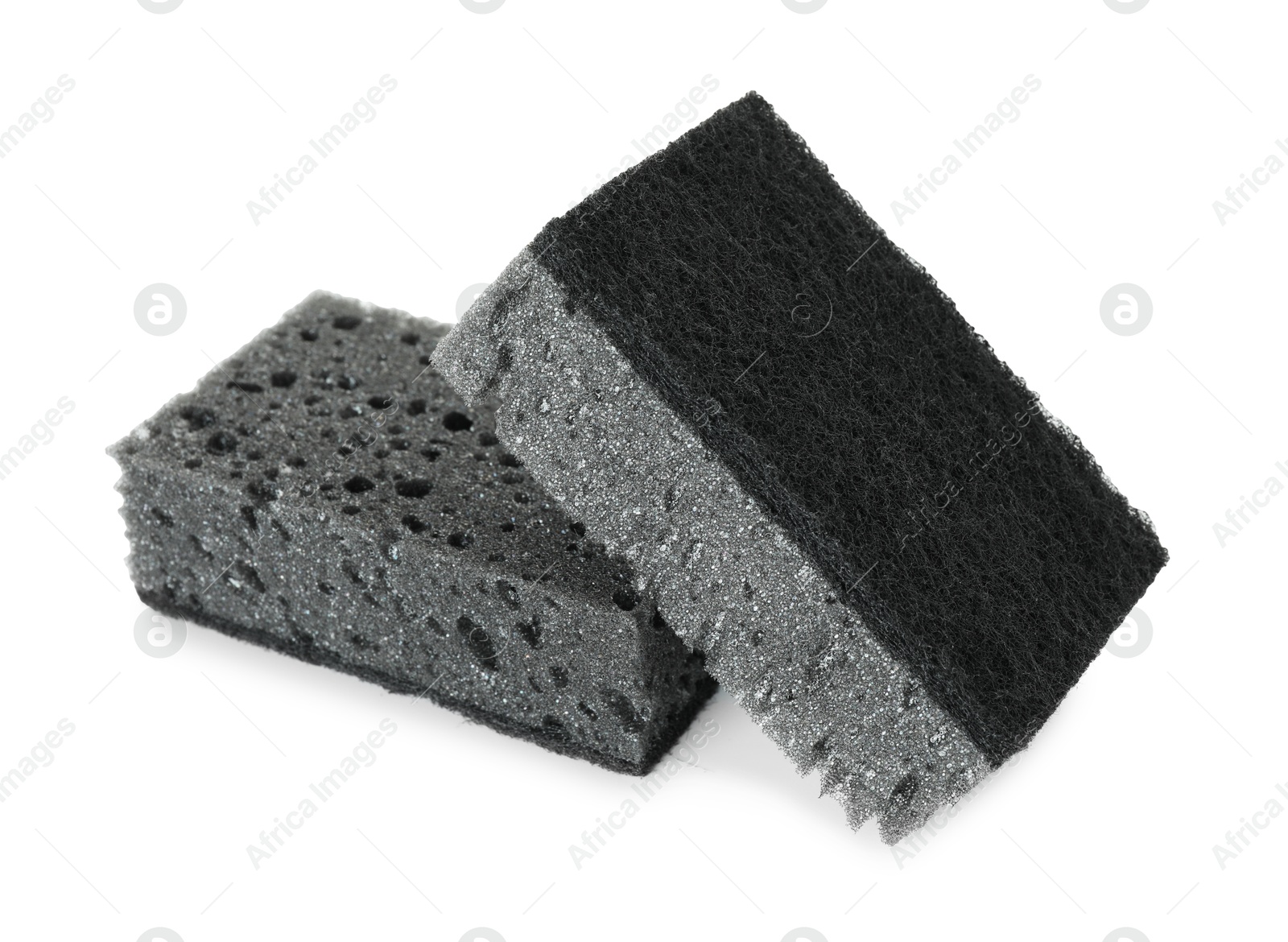 Photo of Two grey sponges isolated on white. Cleaning supply