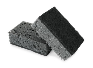 Photo of Two grey sponges isolated on white. Cleaning supply